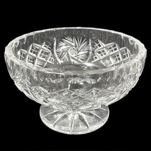 Vintage 1960s Crystal Cut Etched Pedestal Candy Bowl Pinwheel Star Pattern Czech